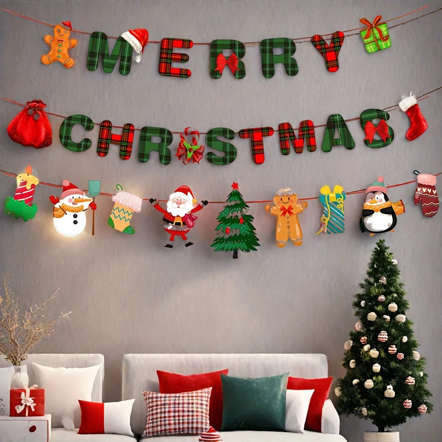 Conjunto de Decoração para Festa de Natal - Faixa de Feliz Natal e Decorações de Fundo Festivas, Enfeites Suspensos para Casa.