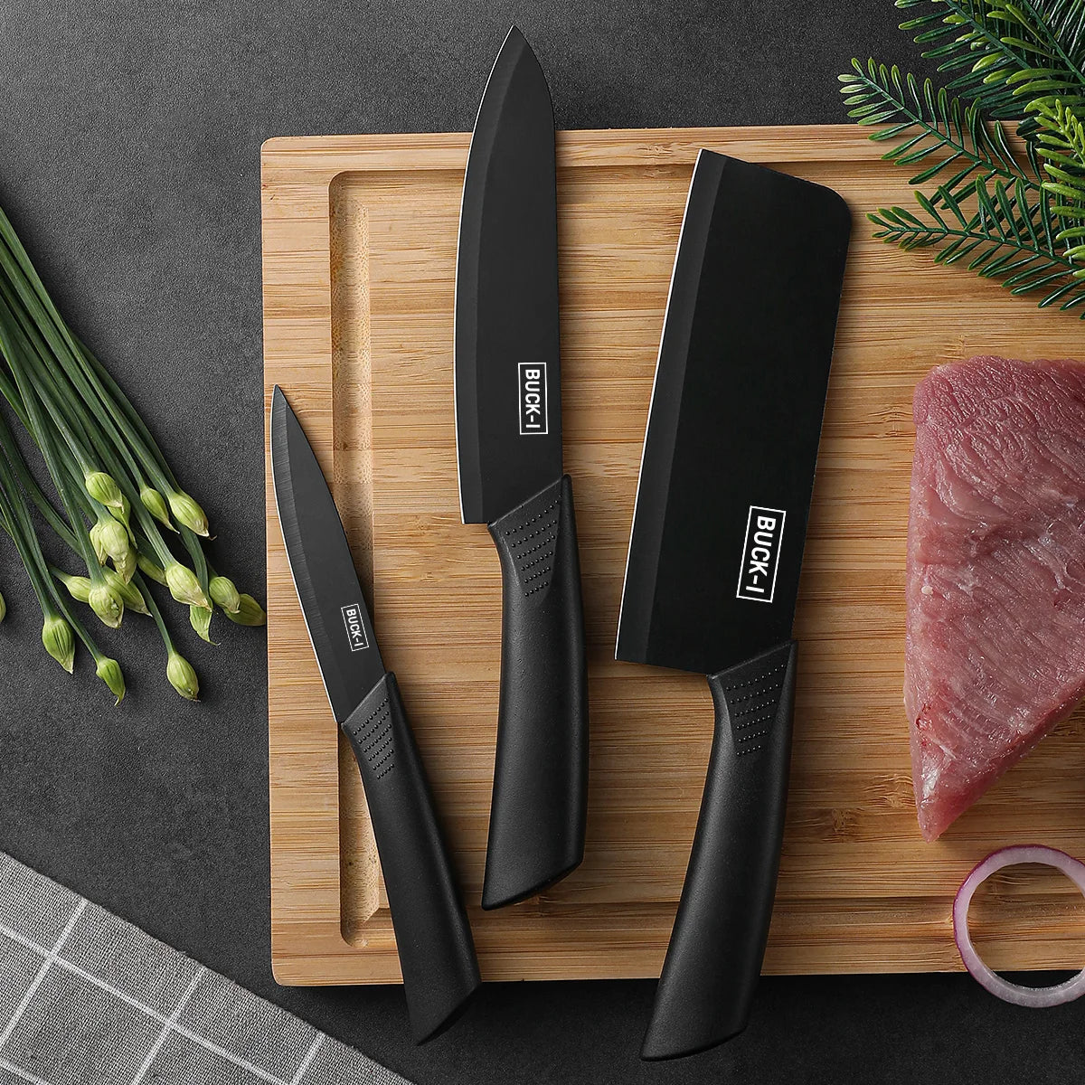 Conjunto de facas de cozinha, incluindo cutelo, faca de chef e faca para frutas, com bloco de facas, adequado para descascar carne e vegetais.
