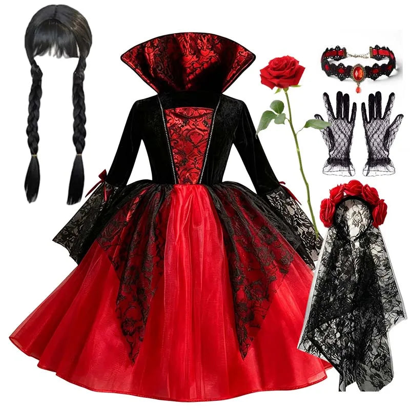 Fantasia de Halloween para Meninas: Cosplay Gótico de Noiva Fantasma, Bruxa, Vampira, Vestido Tutu Vermelho e Preto, Peruca, Véu, Kits para Festas de Halloween