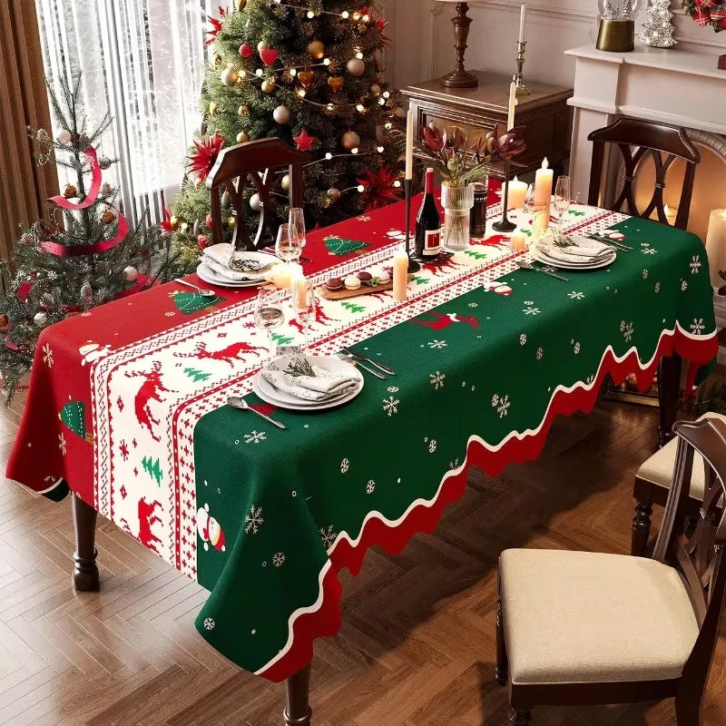 Toalha de Mesa de Natal: Decoração Clássica de Inverno com Estampa de Papai Noel, Floco de Neve e Pinhas – Suprimentos para Cenário Festivo