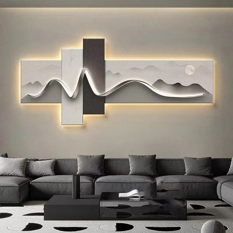 Pintura de decoração de sala de estar, pintura de luz ambiente LED, parede de fundo de sofá de luxo moderno, pintura suspensa minimalista