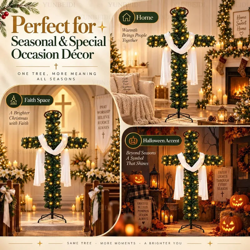 Decoração de Árvore de Natal em Forma de Cruz de 150/180cm com Luzes LED Quentes, Decoração Religiosa para Árvore de Natal, Jardim, Igreja e Festas