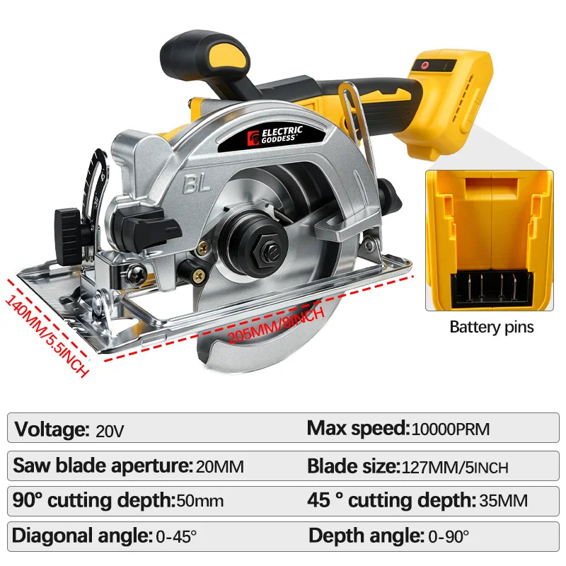 Serra Circular Elétrica Compacta Goddess de 5 Polegadas Sem Escovas, Ferramenta Elétrica para Cortar Madeira e Metal, Compatível com Bateria Dewalt 20V