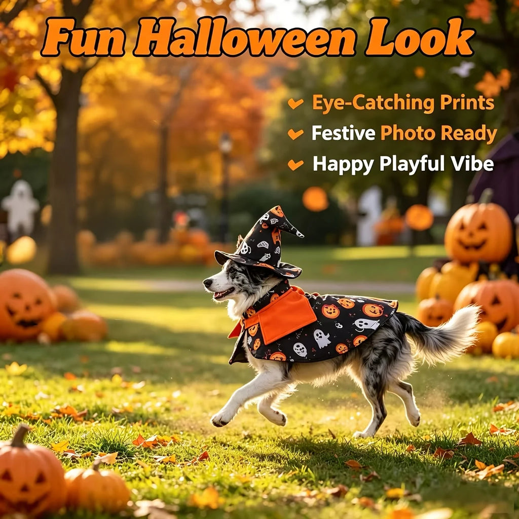 Fantasia de Halloween para Gatos: Conjunto de Capa de Abóbora e Chapéu de Mago com Estampa Divertida de Mago para Ambiente Festivo, Festa e Fotografia