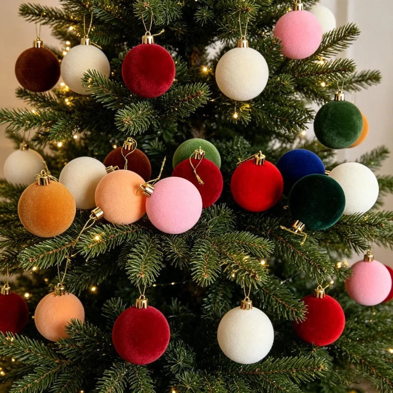 Bolas de Natal Flocadas, Enfeites para Árvore de Natal, Pingentes, Guirlanda de Natal, Decoração com Bolas de Veludo, Suprimentos DIY para Festas em Casa