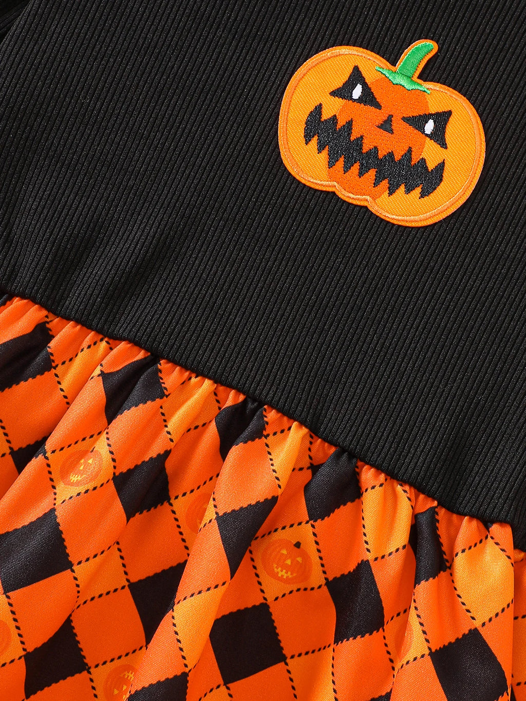 Vestido de festa de halloween para meninas, padrão de losango de abóbora, tecido canelado costurado, vestido de manga comprida adequado para meninas de 1 a 8 anos