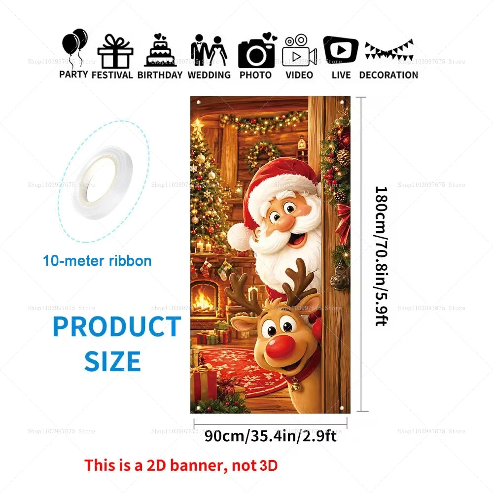 Capa de Porta de Natal com Design de Papai Noel, Rena, Árvore de Natal e Boneco de Neve, Banner Fotográfico, Decorações de Férias de Inverno, Capa de Porta Feliz Natal