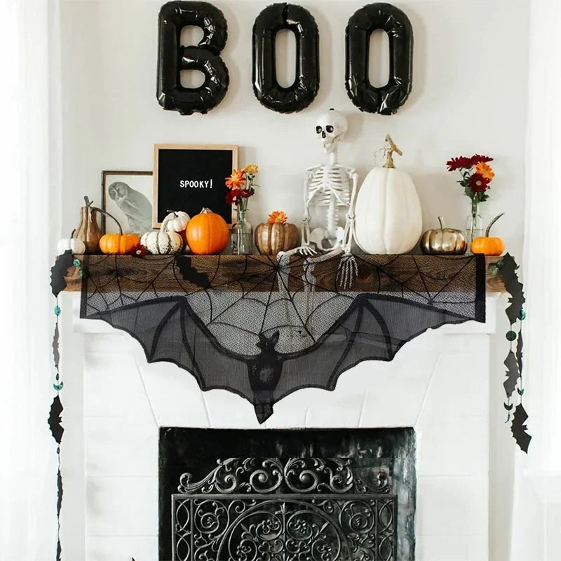 Black Lace Bats Toalha de Mesa, Aranha Web Cortinas para Lareira, Halloween Party Decor, Horror Adereços, Abajur