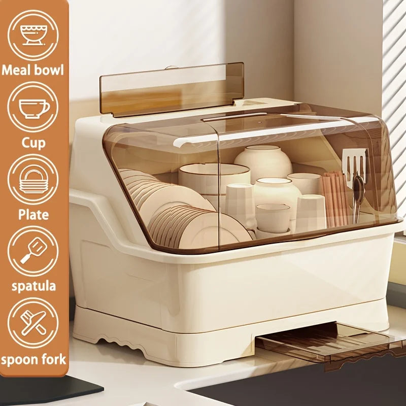 Prateleira com tampa - Armário de armazenamento de cozinha que economiza espaço e à prova de poeira, cor creme, organizador de talheres multifuncional com escorredor, adequado para bancadas e armários, rack de pratos para