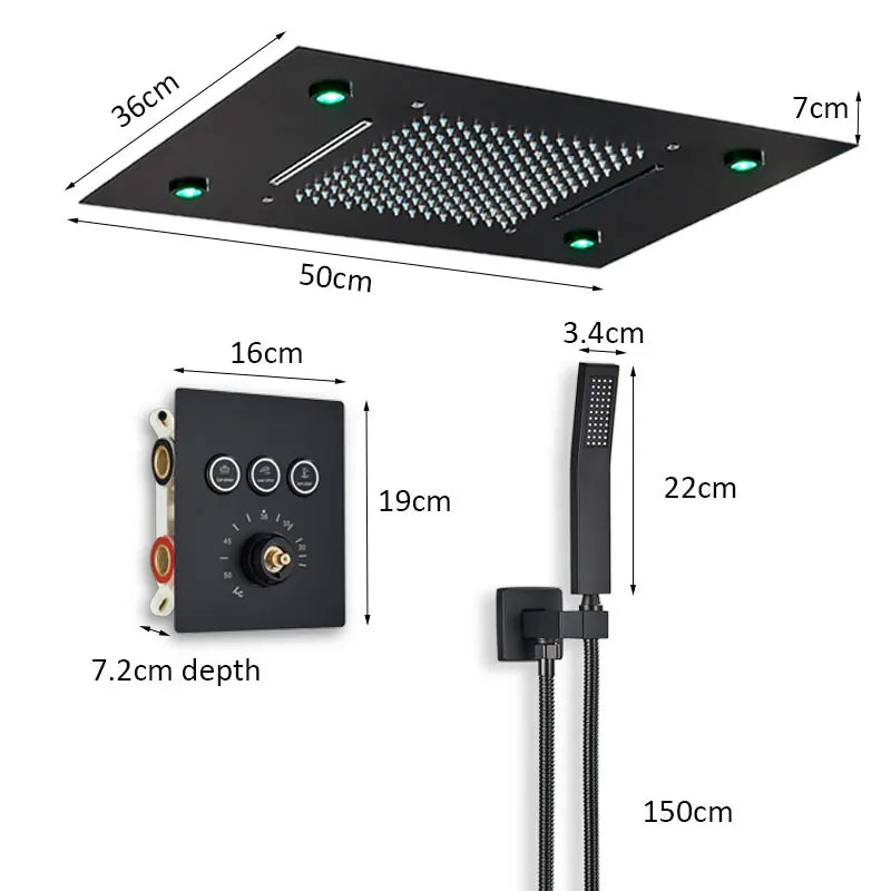 Torneira termostática de luxo para chuveiro, conjunto de chuveiro com led, montagem no teto, cascata e chuvas, sistemas de chuveiro de banheiro, misturador de chuveiro de 3 vias