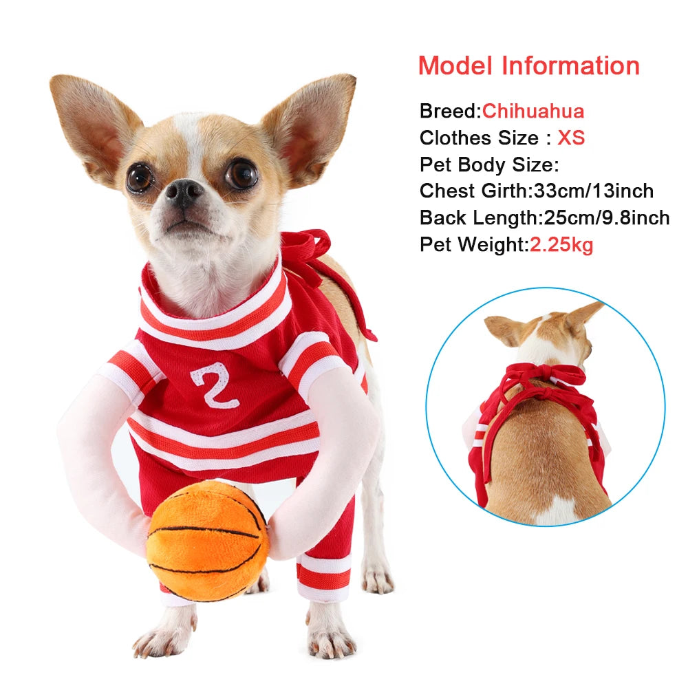 Fantasia de Basquete para Pets de Halloween com Bola 3D, Roupa Divertida de Cosplay Esportivo para Cães Pequenos e Médios, Vestuário para Pug, Sessões de Fotos e Brincadeiras