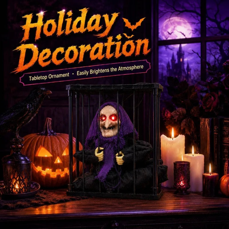 Decoração de Festa de Halloween, Ornamento de Gaiola de Bruxa, Decoração Animada com Olhos Iluminados por Sensor de Movimento, Fantasma Pendurado para Casa Assombrada