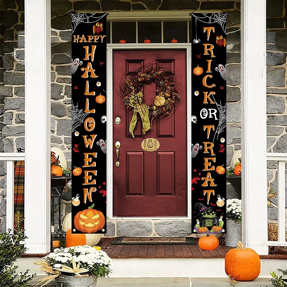 Banner de Halloween com Estampa de Abóbora, Teia de Aranha e Esqueleto, Decoração Assustadora para Pendurar na Porta da Frente ou na Parede, Ornamento de Terror, Artigos para Festa de Halloween
