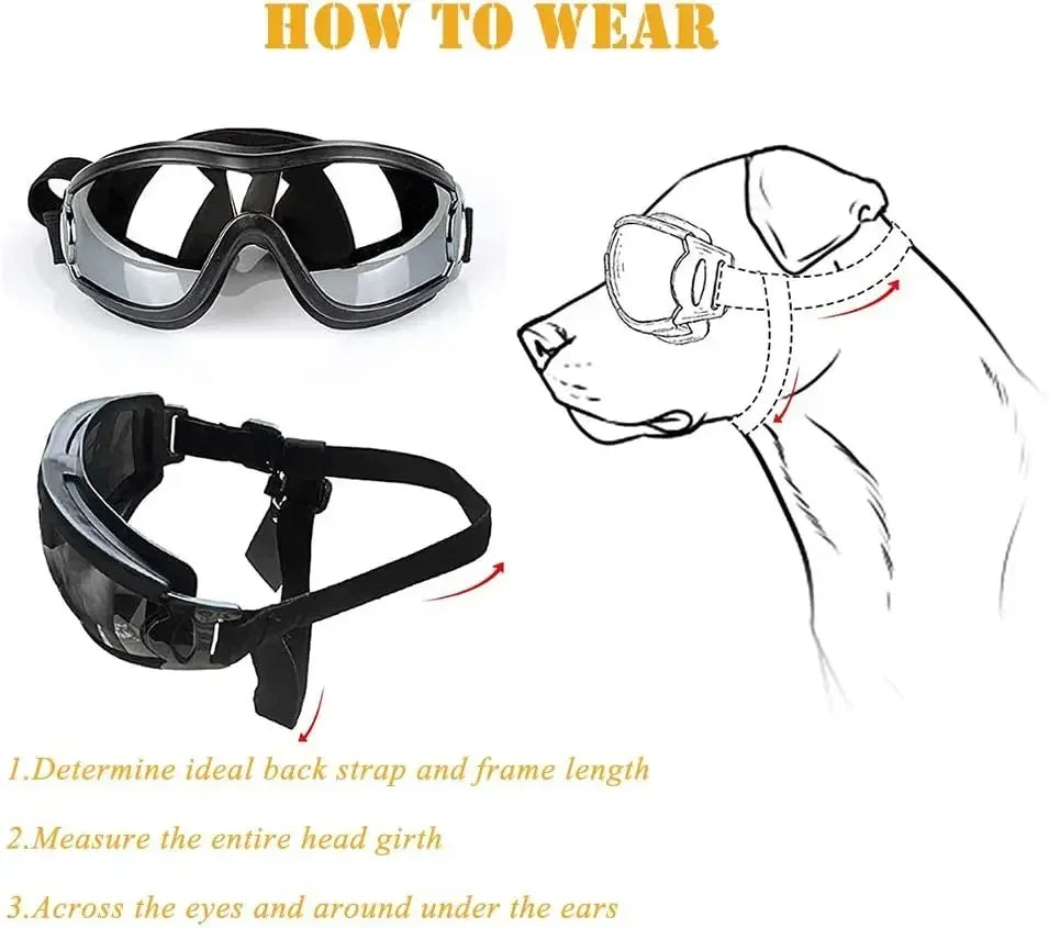 Óculos de sol ajustáveis para cães, com proteção UV, para uso em animais de estimação, proteção para os olhos, cor preta, óculos de sol para cães, artigos para cães.