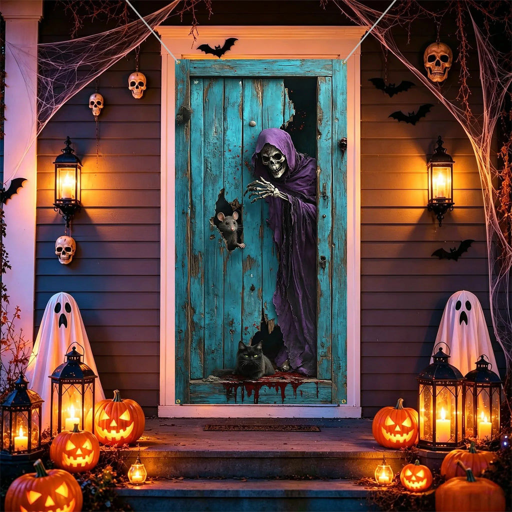 Capa de Porta de Halloween: Cenário Assustador de Esqueleto Ceifador para Decoração de Entrada de Casa Assombrada, Suprimentos para Banner de Festa Temática de Terror