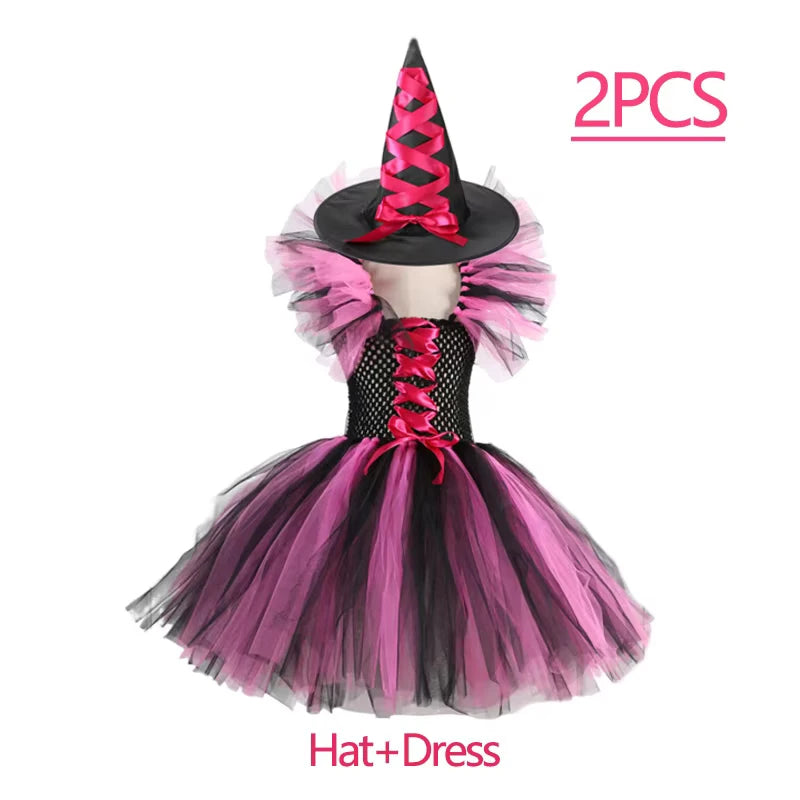 Fantasia de Bruxa para Meninas, Vestido de Tule em 3 Cores com Chapéu Pontudo, Fantasia de Carnaval para Crianças
