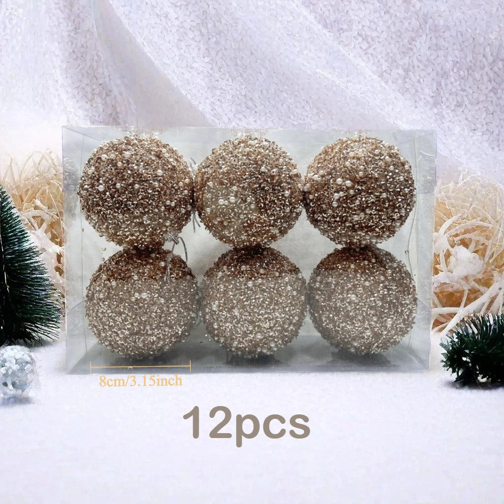 12pçs bolas de natal com glitter dourado champanhe, 8cm, árvore de natal pendurada, pingentes de bola brilhante para decoração de festa de ano novo, ornamentos