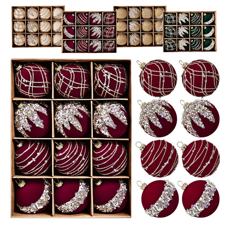 12pçs 6cm vinho tinto veludo bolas de natal 2025 conjunto de ornamento para festa de árvore decoração de esferas de férias de ano novo