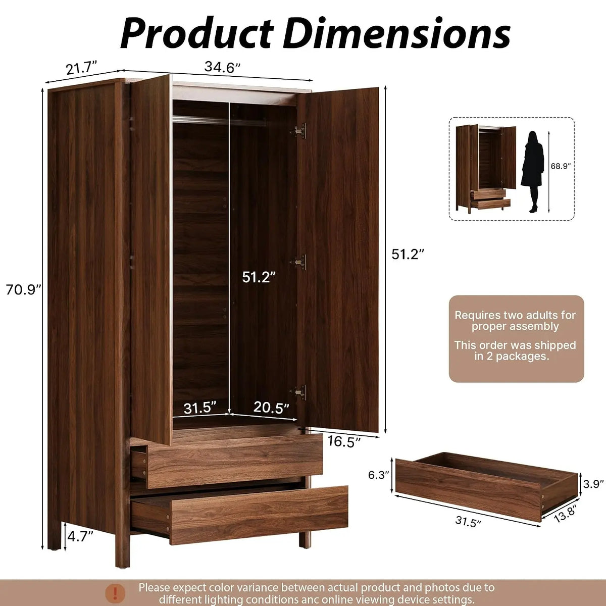 Guarda-Roupa Moderno de Nogueira com 2 Portas e 2 Gavetas, 180 cm de Altura, Armário de Quarto com Puxadores Ocultos, Armazenamento de Madeira Independente
