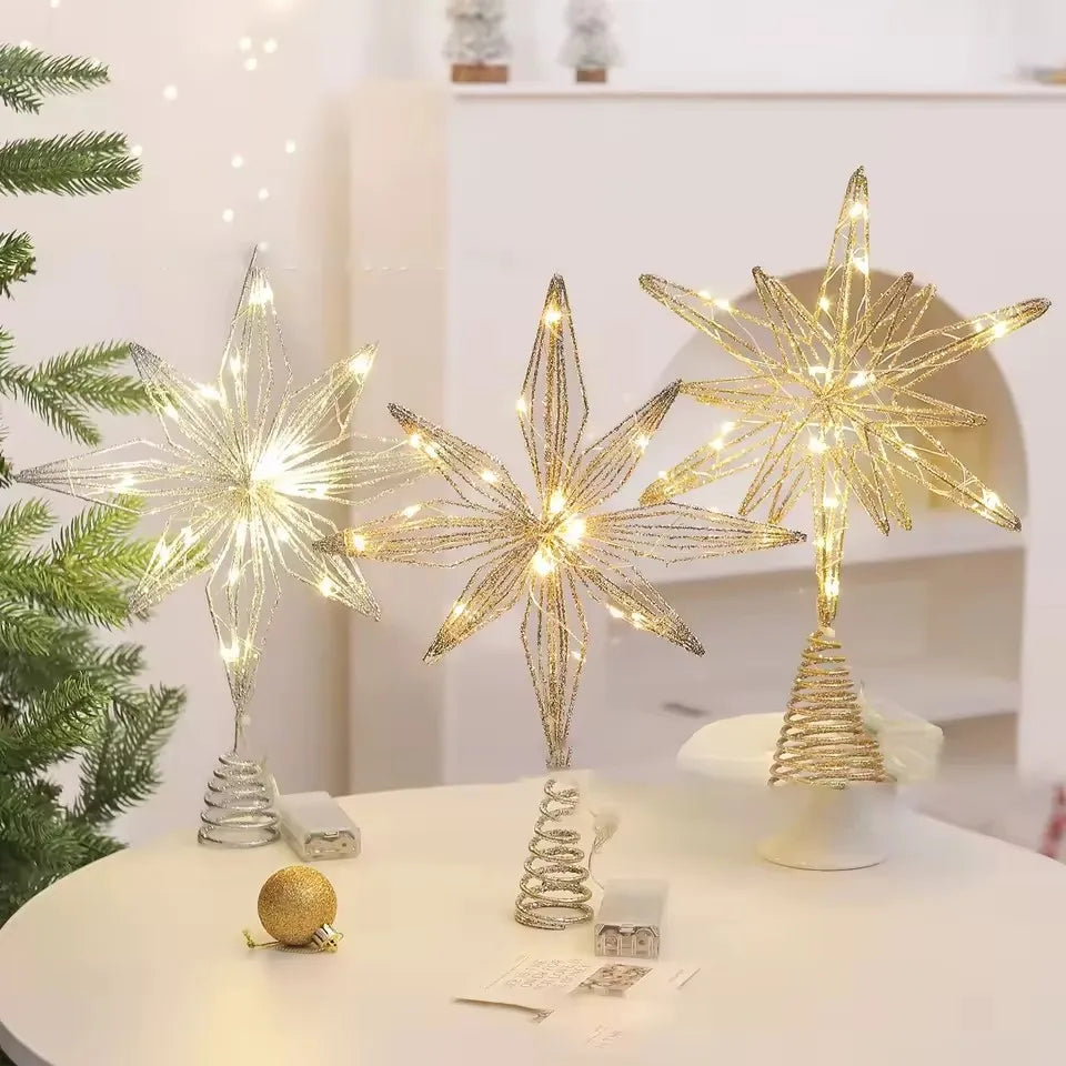 Estrela para Topo de Árvore de Natal com Luzes LED, Enfeites Criativos com Luzes LED e Glitter, Decoração de Árvore de Natal para Festas
