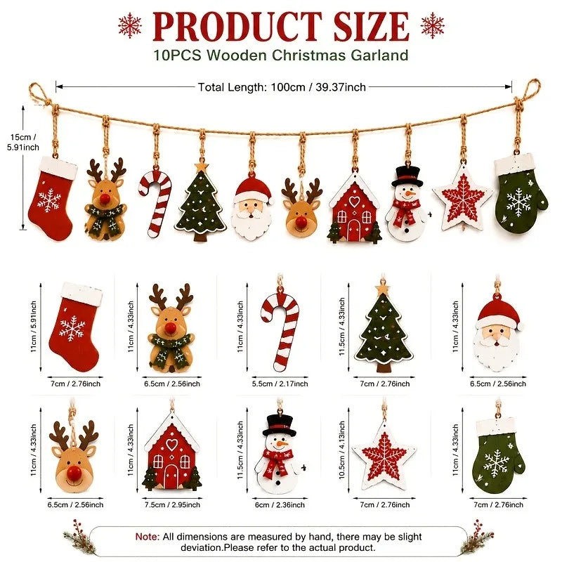 10 peças de decoração de madeira de Natal, Papai Noel, renas, árvore de Natal, estrelas, etc., decoração para festas de inverno/Natal em casa.