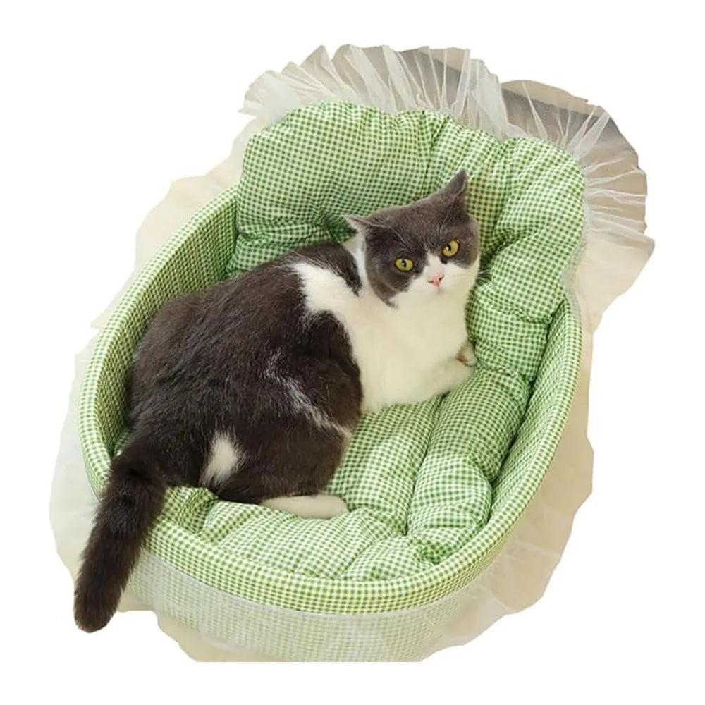 Cama Sofá Princesa para Gatos com Renda, Lavável e Removível, de Pelúcia Macia Oval para Cães/Gatos Pequenos, para Todas as Estações