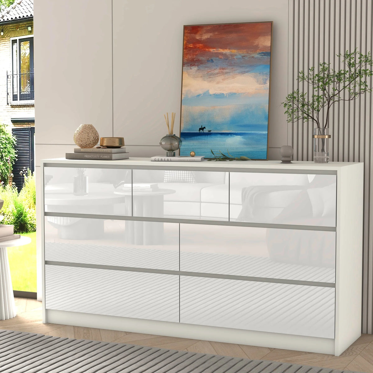 Armário de 7 gavetas com gavetas de alto brilho, grande peito de madeira, branco e preto, 55 "cômoda moderna para o quarto