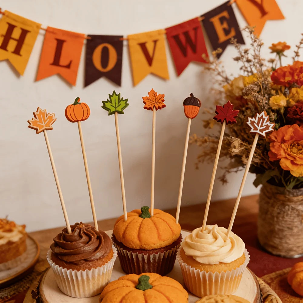 Decorações de frutas para festa de Halloween, abóbora, folha de bordo, palitos de bambu em formato de bolota, coquetéis, saladas, sobremesas, bandeiras