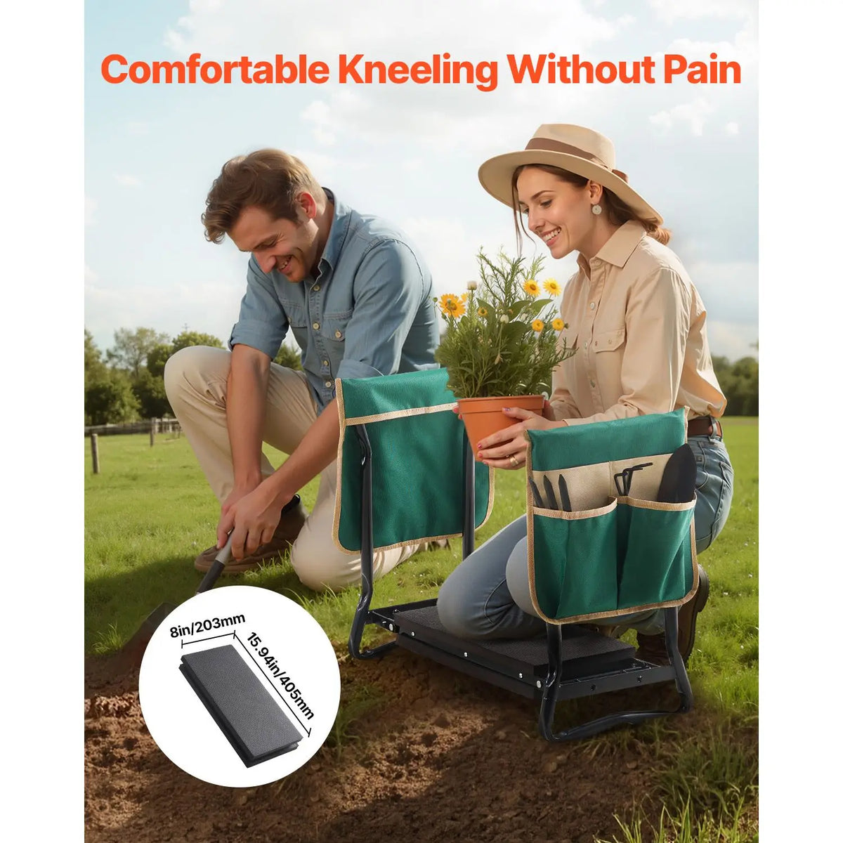 "Garden Tools Accessories Heavy Duty Folding Garden Kneeling Stool with 8 in Wide Kneeling Pad & 2 Tool Bags"