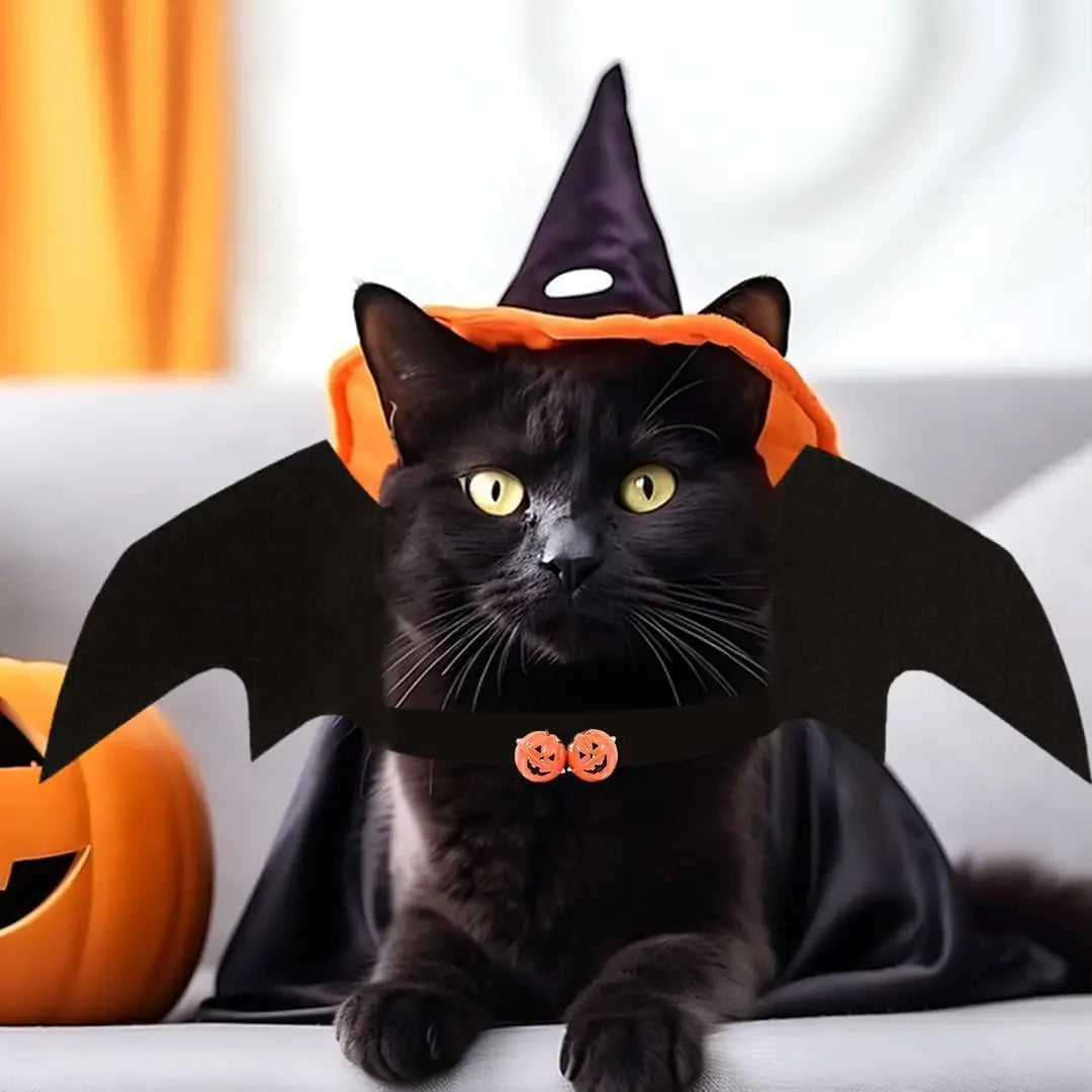 Fantasia de Halloween para Pets: Asas de Morcego para Gatos e Cães com 2 Sinos de Abóbora – Roupa de Cosplay para Gatos e Cães Pequenos – Diversão para Festas e Fantasiar