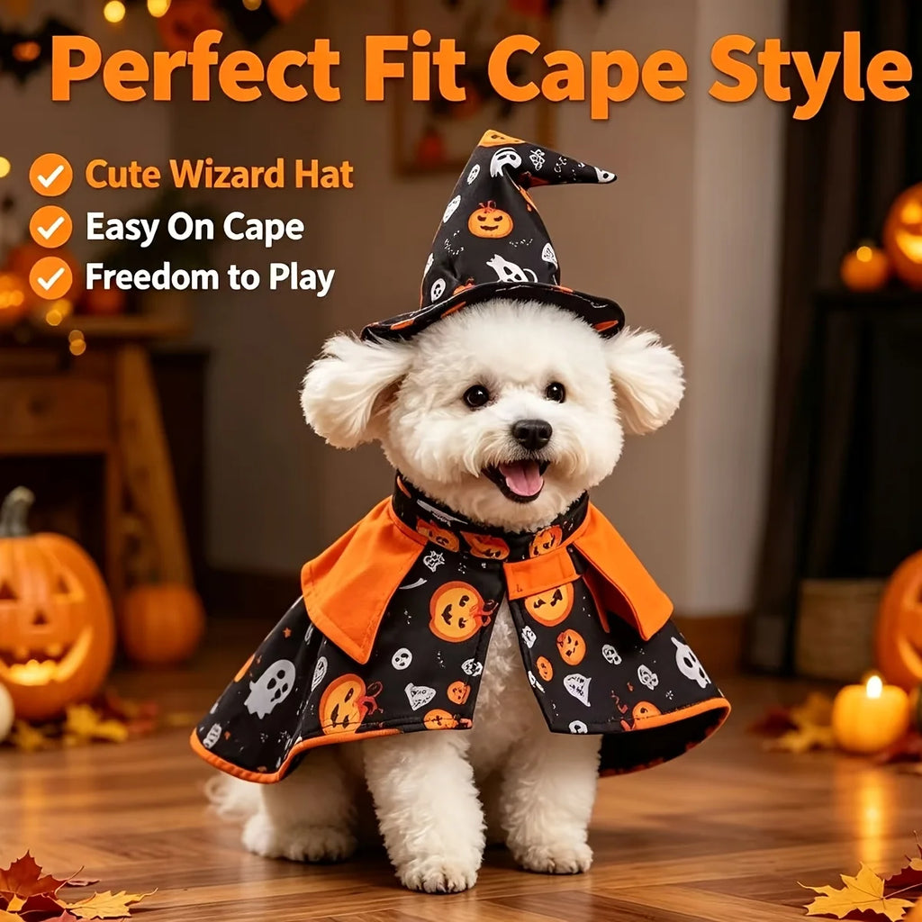 Fantasia de Halloween para Gatos: Conjunto de Capa de Abóbora e Chapéu de Mago com Estampa Divertida de Mago para Ambiente Festivo, Festa e Fotografia