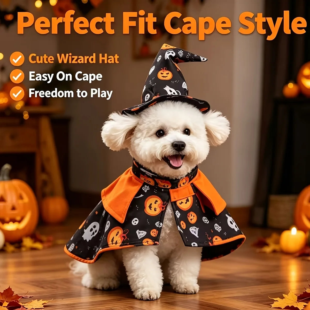Fantasia de Halloween para Gatos: Conjunto de Capa de Abóbora e Chapéu de Mago com Estampa Divertida de Mago para Ambiente Festivo, Festa e Fotografia