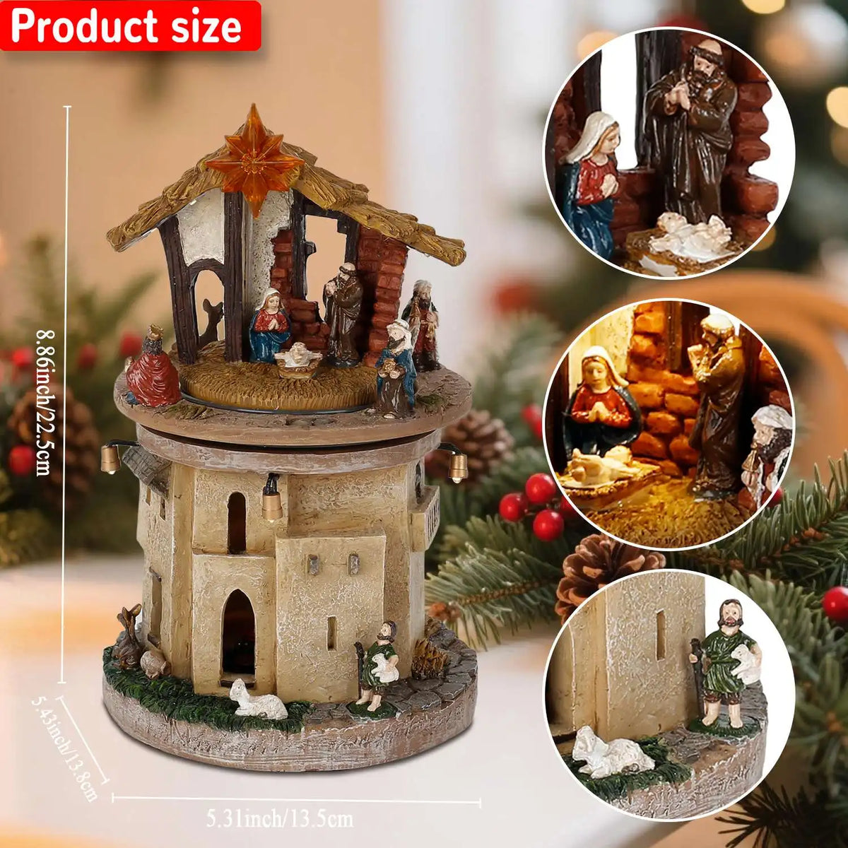 Vila de Natal Animada com Presépio da Sagrada Família, Figurinha de Manjedoura Rotativa, Canções Religiosas e Luzes para Decoração Interna