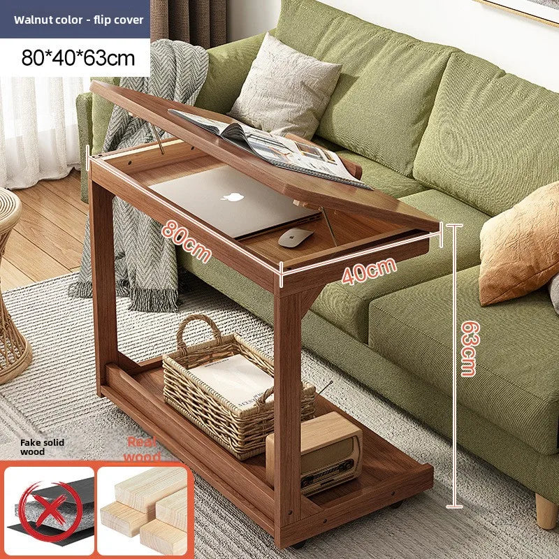 Mesa de centro móvel de madeira maciça, prateleira de armazenamento para sala de estar, mesa lateral dobrável para sofá de sala de estar, mesa de cabeceira de madeira maciça para quarto