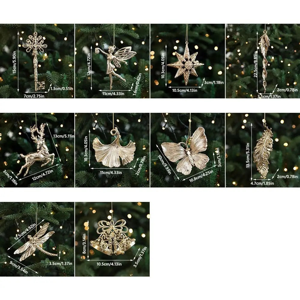 Ouro natal pendurado decoração de plástico borboleta libélula árvore de natal ornamento anjo floco de neve vitrine enfeites de natal