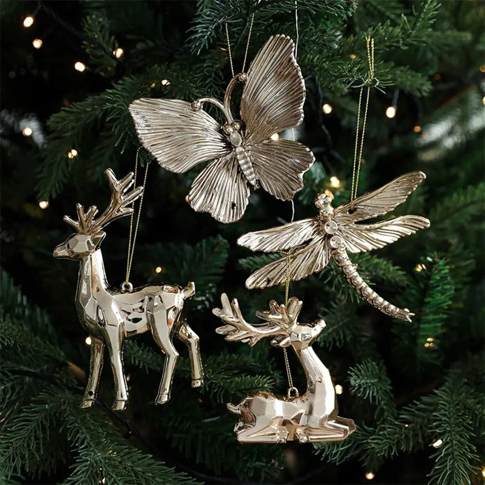 Ouro natal pendurado decoração de plástico borboleta libélula árvore de natal ornamento anjo floco de neve vitrine enfeites de natal