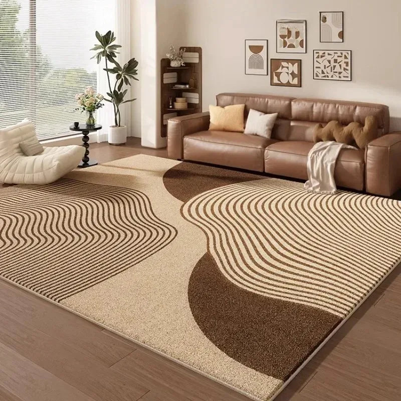 Tapete Grande para Sala de Estar e Quarto, Bege e Marrom, Estampa Abstrata de Linhas Onduladas, Carpete Macio, Decoração Moderna Minimalista para Casa
