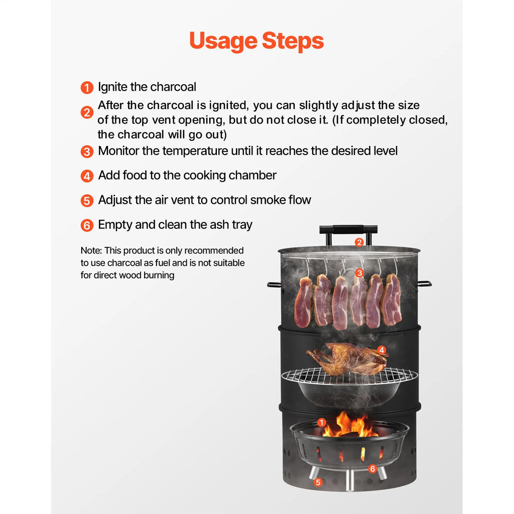18.5\" Barrel Outdoor Charcoal Smoker Grill Coated Steel BBQ with 2 Grilling Grates and 1 Hanging Feature for Backyards
