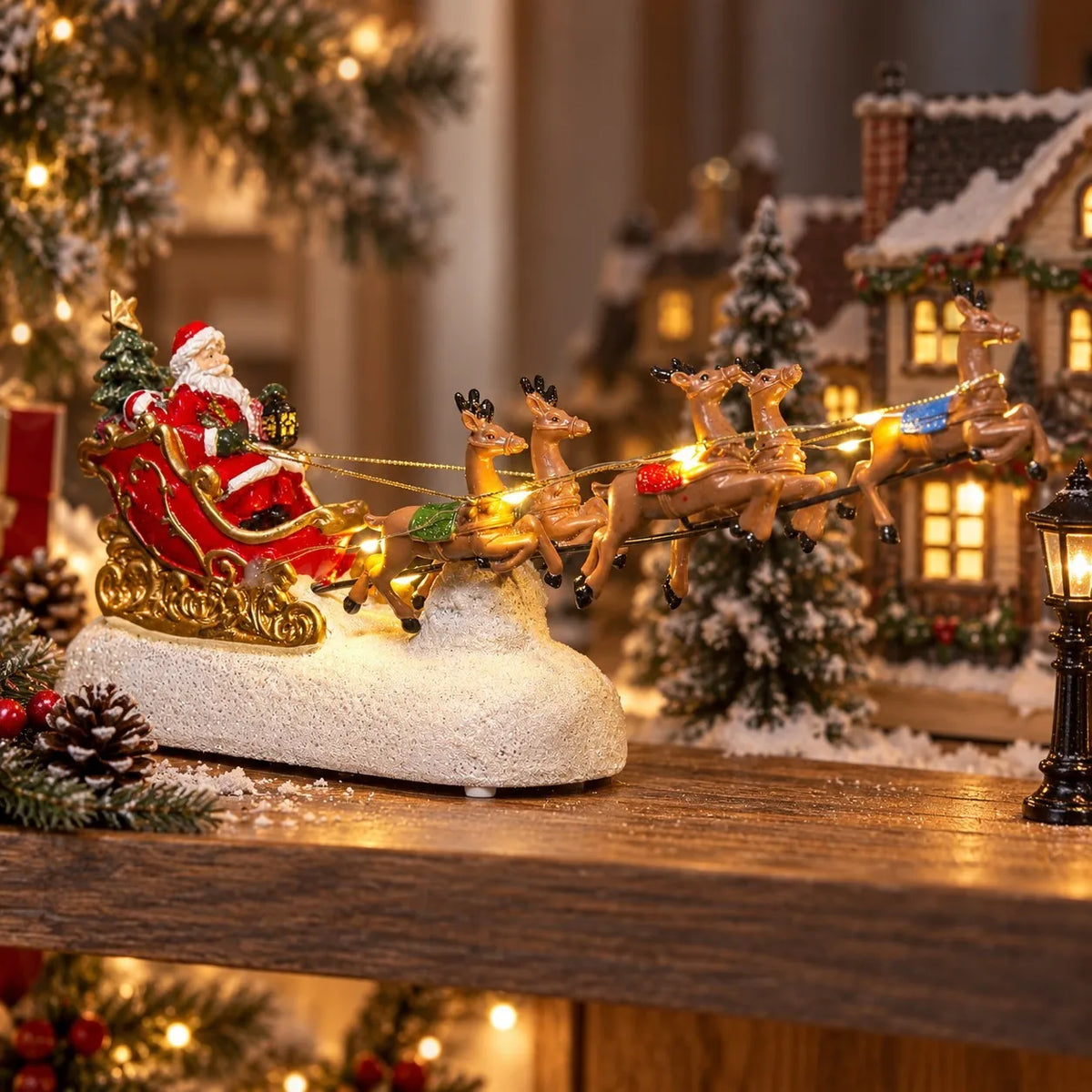 Decoração de Natal para a Casa: Vila Natalina com Trenó do Papai Noel, Rena e Lareira Iluminada e Musical, Presente de Natal para Mesa