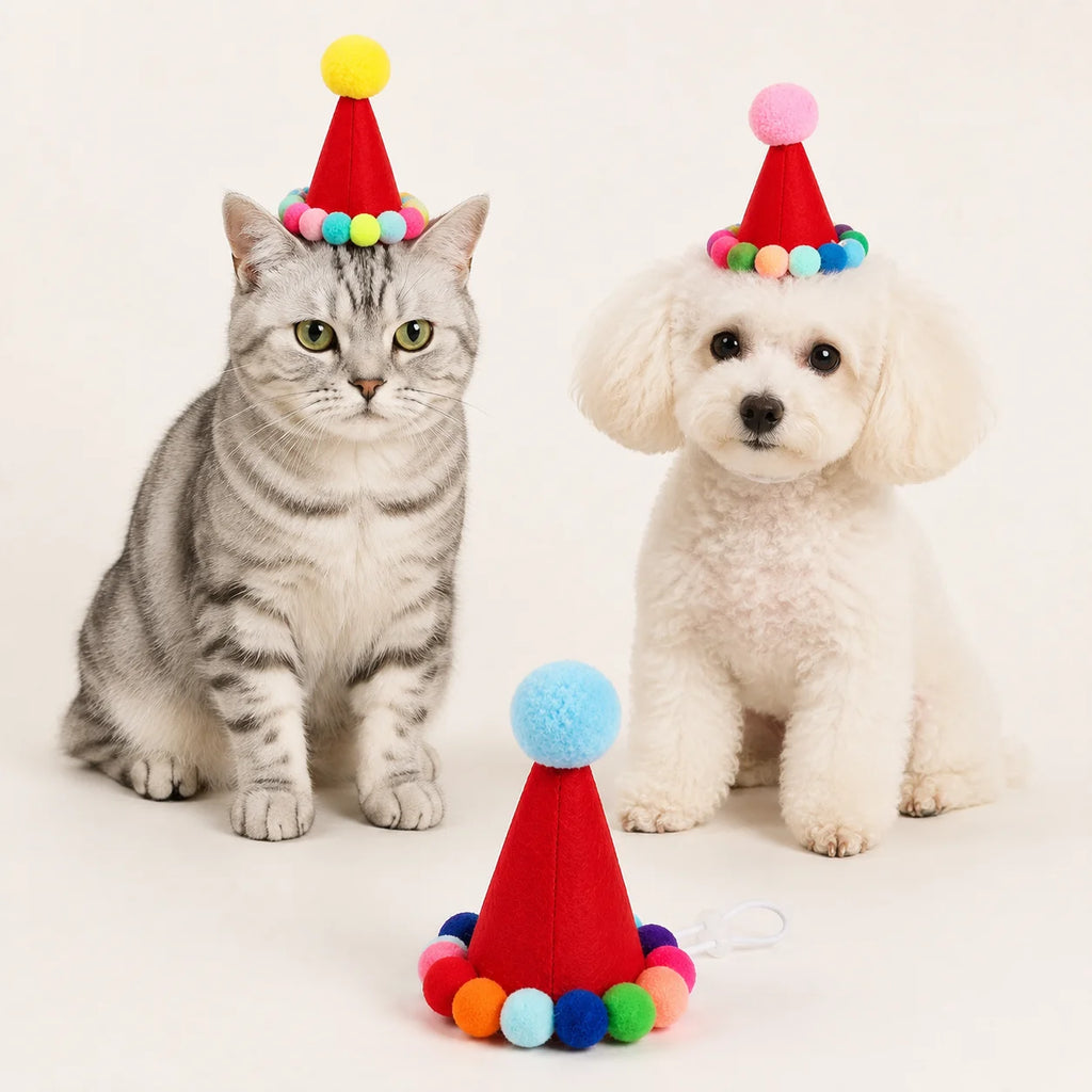 Chapéu de Aniversário para Animais de Estimação, para Gatos e Cães Pequenos, Boné de Feltro Ajustável em Forma de Cone, Fantasia Colorida com Pom Pom, Acessório para Fotos e Celebrações
