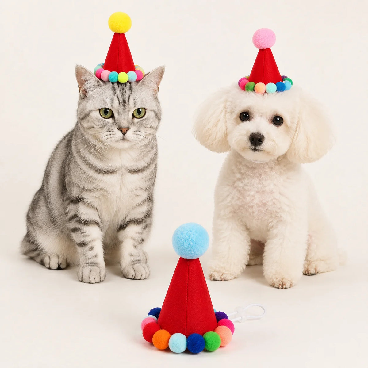 Chapéu de Aniversário para Animais de Estimação, para Gatos e Cães Pequenos, Boné de Feltro Ajustável em Forma de Cone, Fantasia Colorida com Pom Pom, Acessório para Fotos e Celebrações