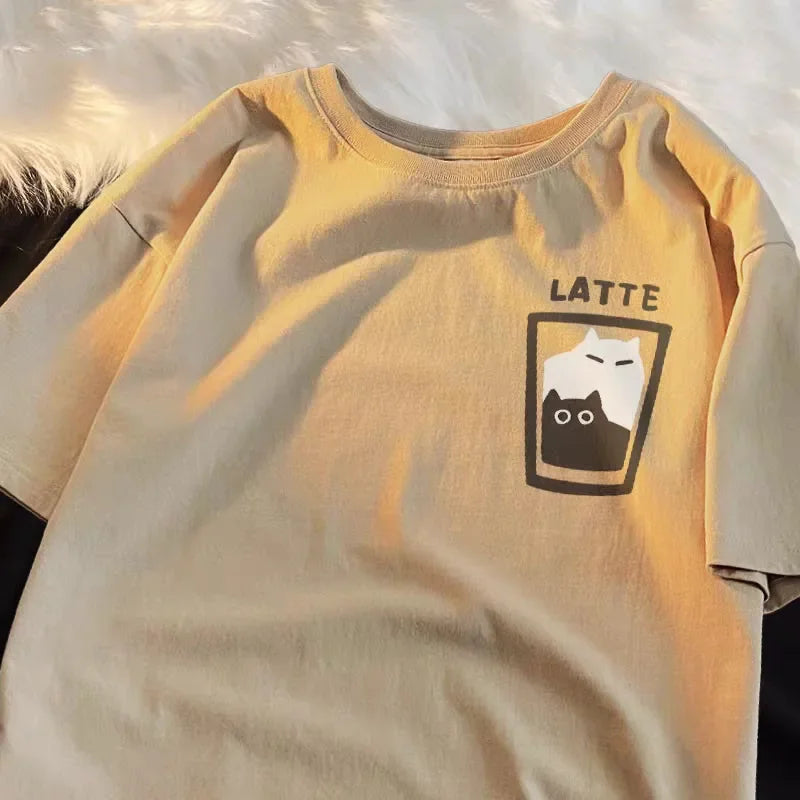 Camisola de manga curta com estampado de gato estilo cartoon, estilo fresco, estilo retro americano, pulôver versátil, suave, criativo e moderno.