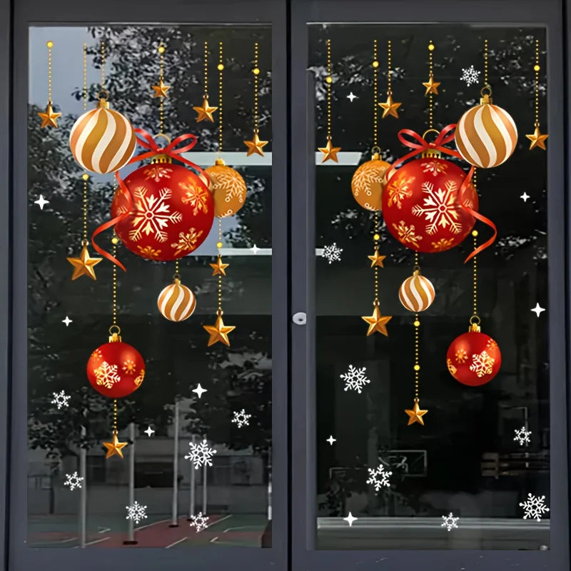 Adesivos de Natal, decoração de ambiente festivo, bolas coloridas, estrelas, flocos de neve, adesivos, adesivos decorativos para janelas de vidro.