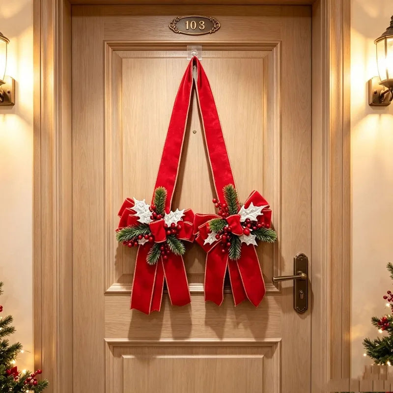 Laço de Natal para pendurar, com frutos vermelhos, agulhas de pinheiro e laço de veludo com bordas douradas e prateadas, para decoração de portas ou janelas.