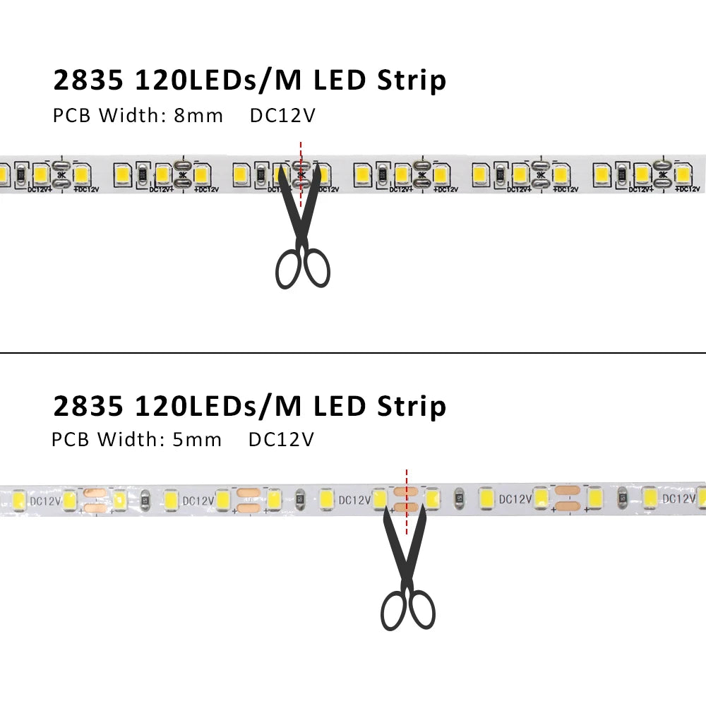 Fita de LED 12V 5m SMD 2835 5mm 8mm, Fita Flexível para Iluminação Decorativa Interna