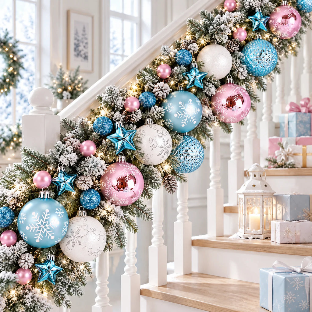 Conjunto de 44 enfeites de bolas de Natal, bolas azuis, rosas e brancas, floco de neve e estrela para decoração de árvore de Natal.