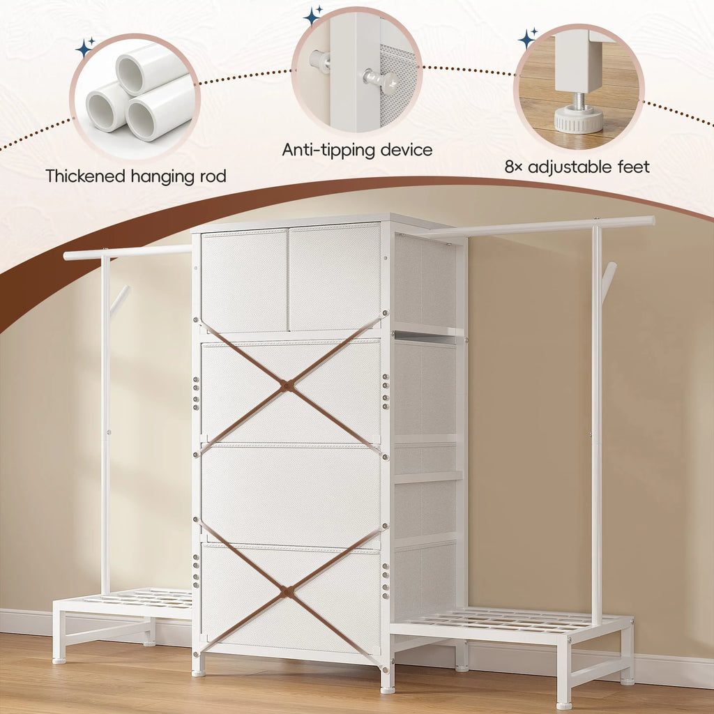 Cômoda e Cabideiro 3 em 1 – 147 cm de Largura com 5 Gavetas e Sapateira, Ganchos Laterais para Armazenamento no Quarto e Closet