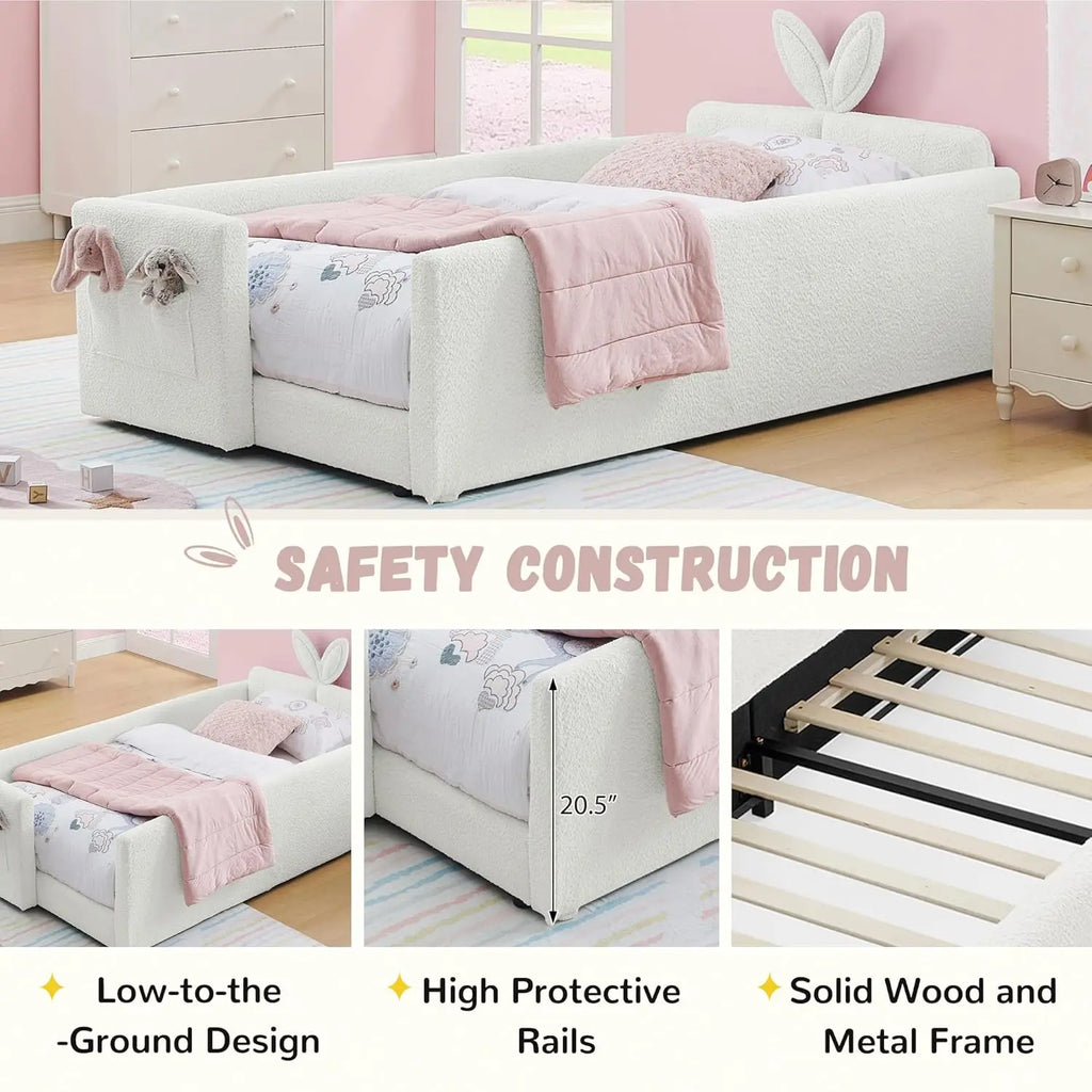 Cama Plataforma Tamanho Twin, Cabeceira Estofada Boucle com Orelhas de Coelho, com Bolso e Grade de Proteção para Quarto Infantil, Bege, Personalizada