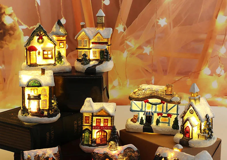 Natal led luz casa enfeites de árvore de natal led resina pequena vila casa natal brilho decoração presente feliz ano novo decorações dc05