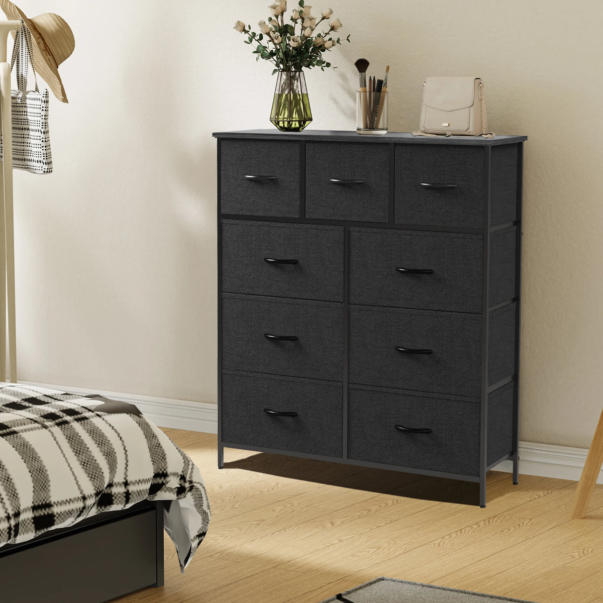 JHK Cômoda para quarto com 9 gavetas de armazenamento de tecido, guarda-roupa alto, organizador de peito, armário de roupas para adultos e crianças